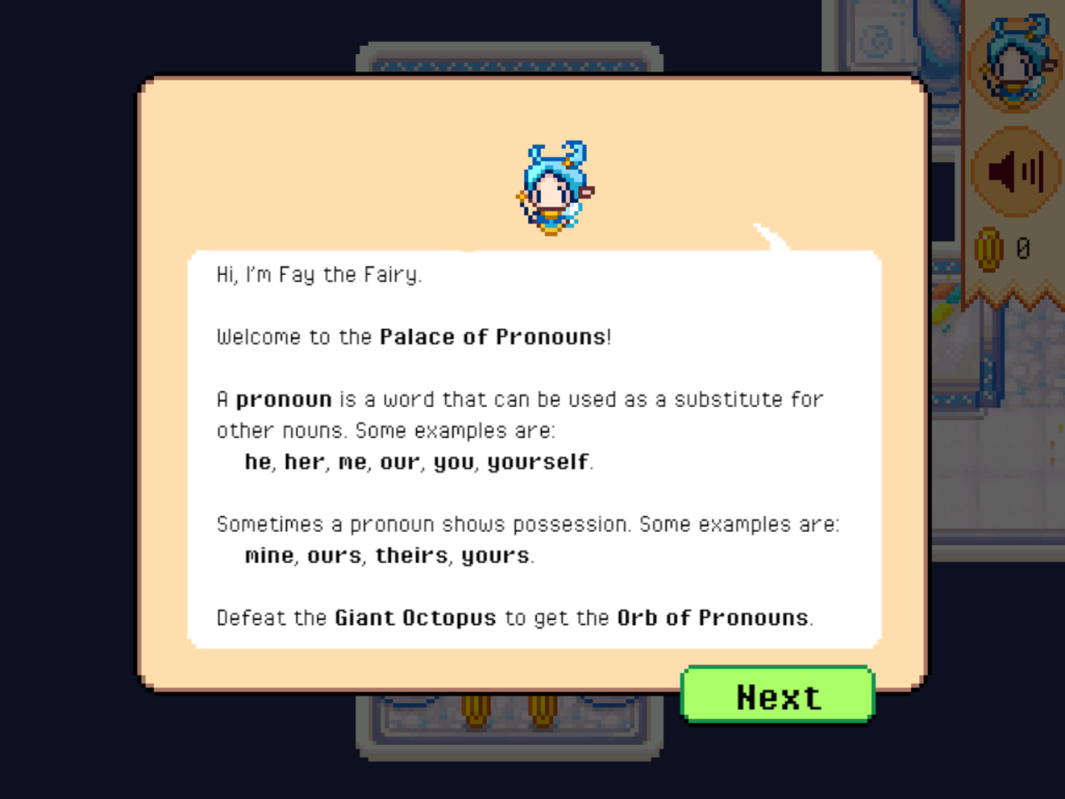 🕹️ Play Parts Of Speech Quest Pronouns Game: Free Online Pronoun Word RPG  Video Game for Children